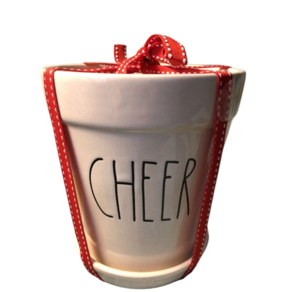Rae Dunn CHEER Christmas Flower Pot Planter w Ribbon NEW 5" x 4.5" New